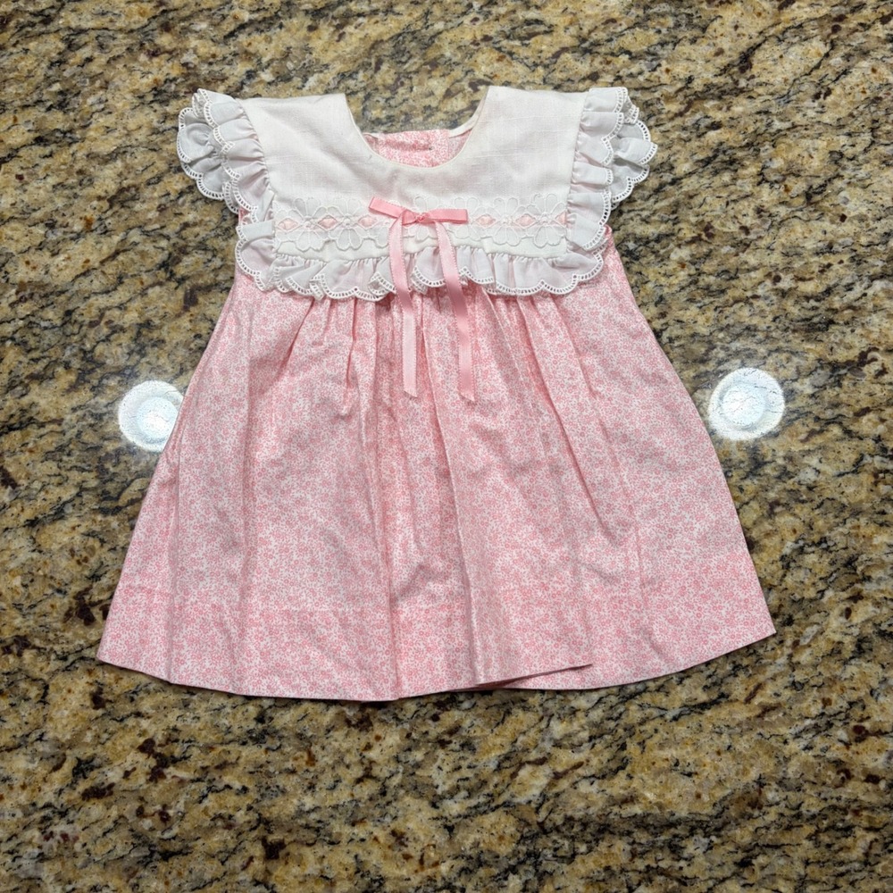 Vintage Mothercare Girls Pink Floral Eyelet Lace Bib Dress Made in USA 2T